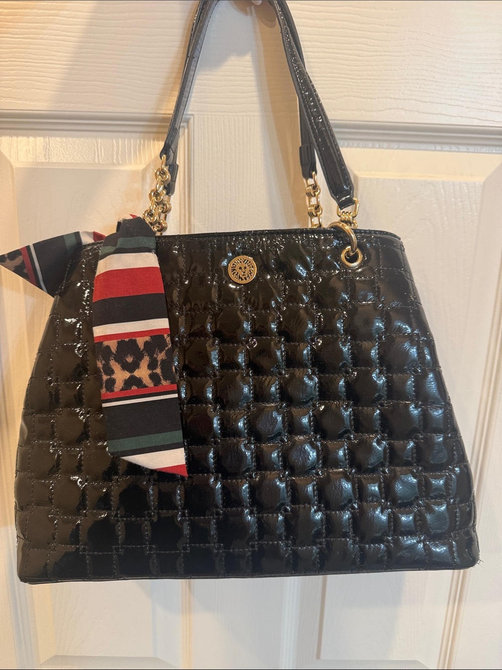 Black Quilted Patent Tote Bag with Scarf Accent